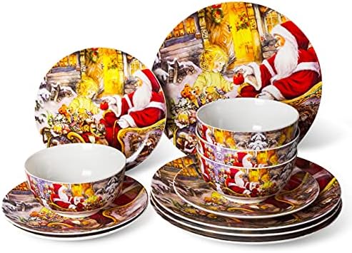 Xiteliy Porcelain Sweernet поставува Божиќни гекорации Тема за подароци за подароци, садови за садови за вечера12 парчиња за вечера