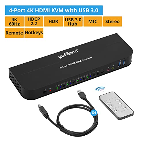 Gofanco 4 Port HDMI KVM прекинувач со USB 3.0 - 4K @60Hz 4: 4: 4, 18Gbps, HDR, 3D, HDCP 2.2/1.4, USB тастатура/глушец, USB 3.0 центар, MIC во,
