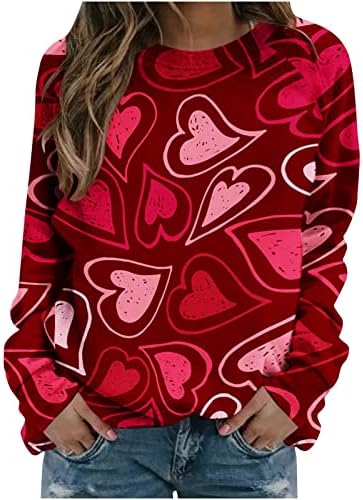 Womenените симпатична loveубовна срцева графичка џемпер со долги ракави за вinesубените на вinesубените, подарок Туника врвови каузални
