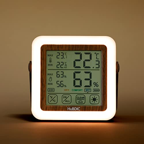 Hubdic хигрометар со 3 нивоа светла ноќна светлина, термометар во затворен простор и мерач на влажност, монитор за температура и влажност