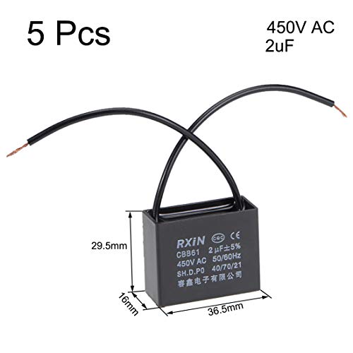 Кондензатор на вентилаторот на таванот Uxcell CBB61 2UF 450V AC 2 жици Метализирани кондензатори на полипропилен филм 36.5x16x29.5