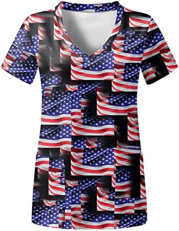 4 јули Маица За Жени Американско Знаме Летни Маици Со Кратки Ракави Со Врат Со 2 Џебови Блузи Празнична Секојдневна Работна Облека