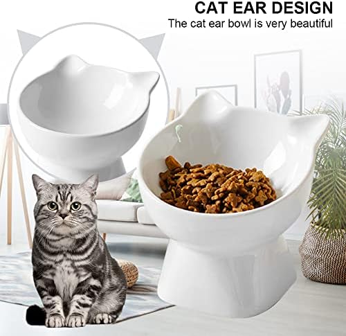 Керамички кренати чинии за мачки, покачена храна за мачки и вода за вода 15 ° навалена сад за домашно милениче со штанд за заштита на 'рбетот, храна за керамички мачки