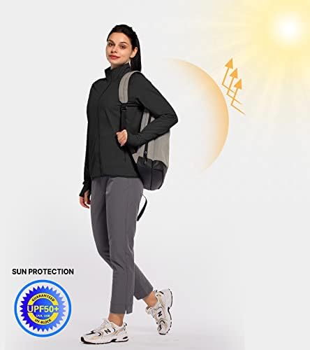 Women'sенски UPF 50+ Sun UV Заштита со долга ракав лесен SPF/UV трчање пешачење атлетска јакна со поштенски џебови