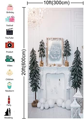 10x20ft Бело камин Божиќна фотографија Позадина Декорација на новогодишна елка за позадини за новогодишна забава банер за семејни