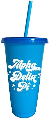 Sorority Shop Alpha Delta Pi Glitter Cop Cops Cups - Пакет од 4 чаши за еднократно користење со капаци и сламки, чаша Alpha Delta Pi, совршена