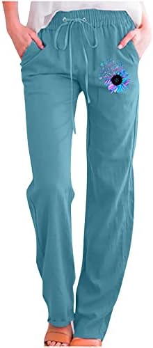 Anhoo Print Loose Fit панталони за жени постелнина салон руширано одблесов bellвонче на дното права нога за подигање панталони тинејџерски