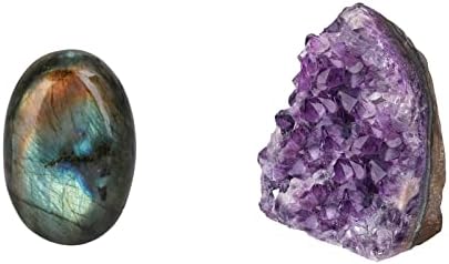 Mookaitedecor пакет - 2 артикли: природен лабрадорит џеб палм камен Загрижена камења и природен аметист кластер камен суров геодем кварц минерален