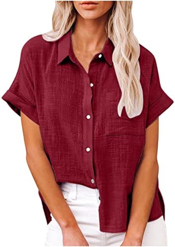2023 Womenенски памучен постелнина кошула Обична копчиња за лаптоп на кратки ракави летни удобни лабави со џебна обична блуза