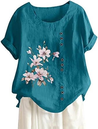 Женска памучна постелнина тркалезна врата блуз глуварче кратки ракави со врвови на копчињата печатени маица