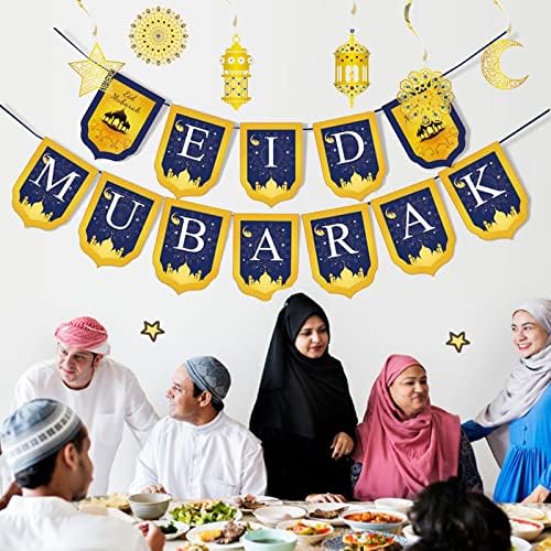 7 компјутери Еид Мубарак Банер и Рамазан Мубарак злато Starвезда полумесечина Месечина Фенер Гарланд Декорација, Среќен Рамазан