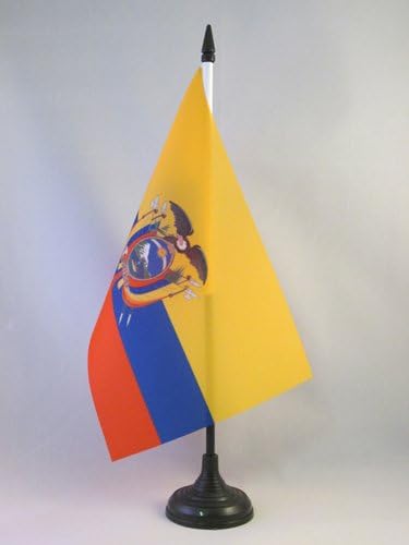 ЗНАМЕ На Аз Еквадор Табела знаме 5 х 8 - Еквадорско Биро Знаме 21 х 14 см-Црн Пластичен Стап И Основа