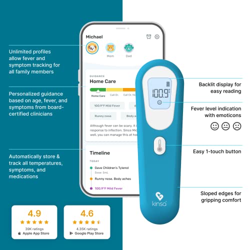 Паметен термометар Kinsa Quickscan - без допир, без контакт дигитален термометар на челото за бебиња, деца, возрасни - работи со апликација