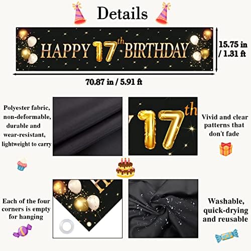 Кимини -Ки Среќен 17 -ти роденденски банер, лагер на 17 -ти роденденски банер позадини, 17 -ти години декор, украси за 17 -ти роденден за момчиња или девојчиња - црно и злат?