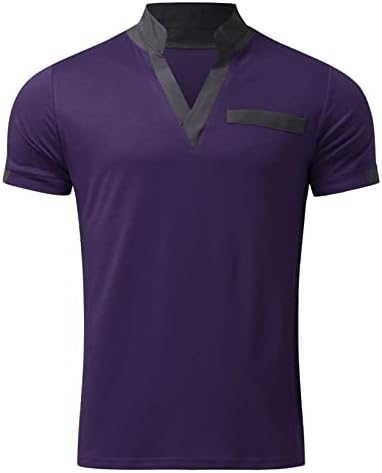 Zddo Mens V вратот кошули лето кратки ракави обични врвови на атлетски спортови кошула стојат јака во боја блок крпеница манжетни
