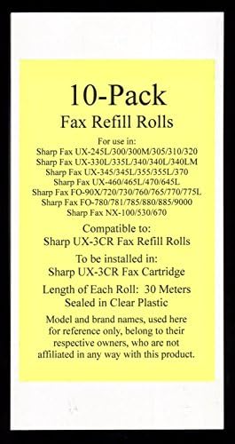 10-пакет UX-3CR FAX FILM RIPLON RELLS ROLLS компатибилен со Sharp Fax UX-245L UX-300 UX-300M UX-305 UX-310 UX-320 UX-330L UX-335L UX-340
