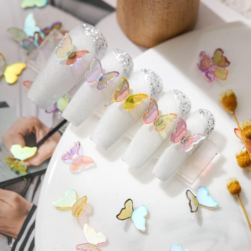 20 парчиња Aurora боја Електропласирајќи транспарентна пеперутка на ноктите за нокти, јасни нокти за украсување додатоци за маникир
