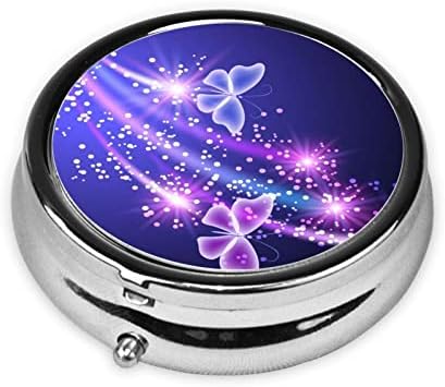 Butterfly Purple Round Pill Box, дневна кутија за пилули, преносна кутија за пилули за прва помош, Организатор за кутии за патувања со пилули, се вклопува во џеб, паричник