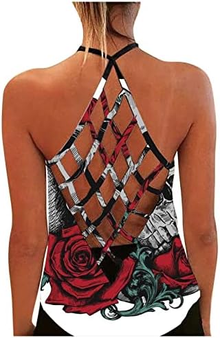 NYYBW летни резервоари врвови за жени, Бохо одмор моден цвет со печатено ракав, отворен задниот резервоар за кампови, лабава лабава елек блузи