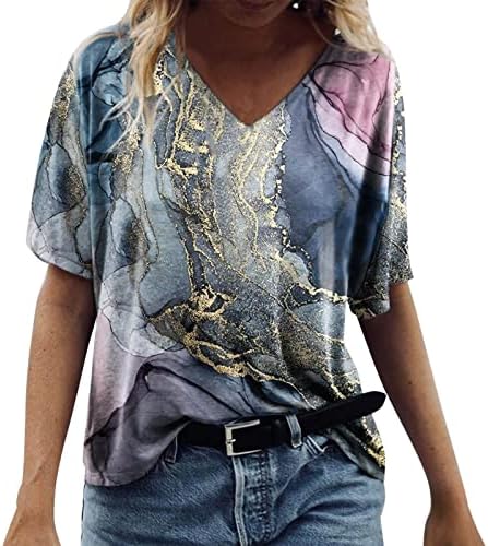 Женски мермер врвни кратки ракави обични v вратот западни кошули Етнички графички маици гроздобер летна маица пуловер