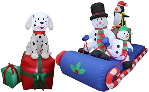 Два божиќни украси за украси, вклучуваат 5 нозе високи Божиќни надуени далматински кученце кутре на кутија за подароци, и 6 нозе долги Божиќни