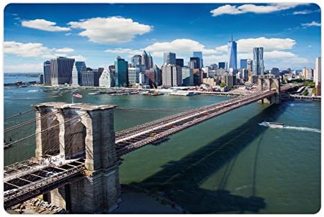 Лунарен Пејзаж Пет Мат За Храна И Вода, Воздушен Поглед На Бруклинскиот Мост Њујорк Сад Градски Пејзаж Модерна Речна Глетка, Правоаголна Гумена