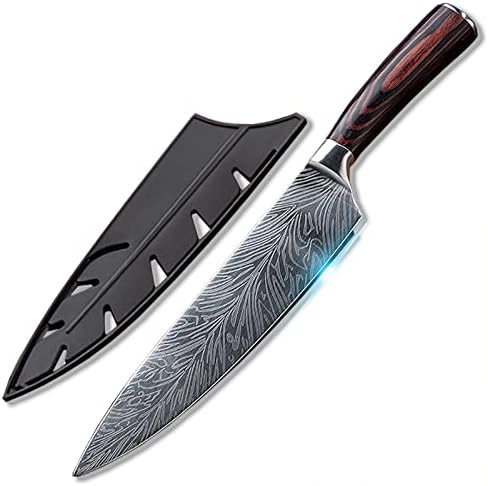 Kixenio готвач нож, 8-инчен професионален кујнски нож, висок јаглерод не'рѓосувачки челик остар нож за готвење со ергономска рачка и ракав со нож, дрвена рачка што не е л