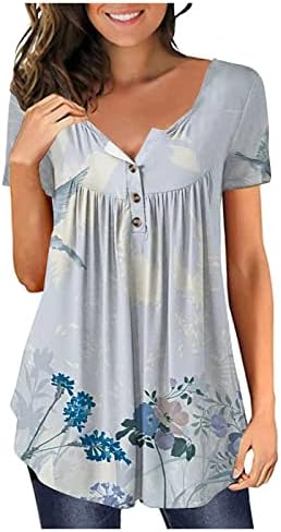 Qcemeni женски Туника врвови сокријте стомак 2023 летни кошули со краток ракав Графичко проточно копче V вратот маица обична фустана блуза