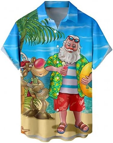 Божиќна кошула на Зддо за мажи со опуштено копче за кратки ракави со кратки кошули Смешни Божиќ Дедо Мраз печати Хавајски плажа Топ