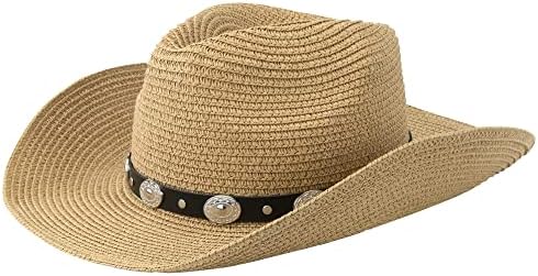Womenените западна слама каубојска капа плажа каубојка сончева капа со одвојлив појас јаже декор на отворено лето