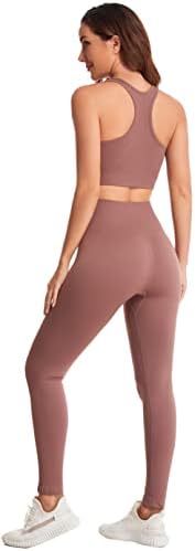 Yknktstc женски тренинг поставува ребрести лесни спортови градник 2 парчиња облека со висока половината салата за јога хеланки панталони