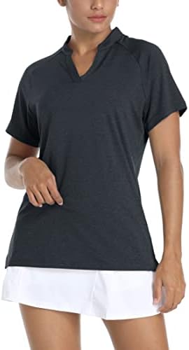 Tacенски женски V-вратот за голф Поло кошули без кратки ракави за кратки ракави UPF 50+ Заштита на сонце Брзо сув спортски тренинг