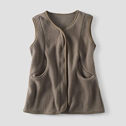 Женски патент на руно топло елек од облека со џебови со џебови, обични цврсти палта без ракави, елегантни елементи на жените