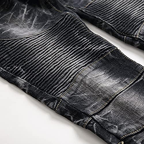 Машки фармерки на Nyybw, тенок фит фармерки се протегаат потресени уништени искинати слаби фармерки странични шарени панталони со панталони