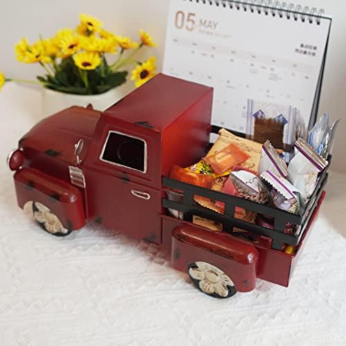 Лифи гроздобер црвен камион засадувач на камиони - Декоративен метален пикап камион за таблети за фарми канцелариски полици за книги и кујна
