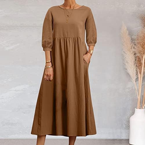 Фустан за жени 2023 Обичен цврст памук и постелнина со долг ракав со џеб лабава фустан макси фуксија фустан