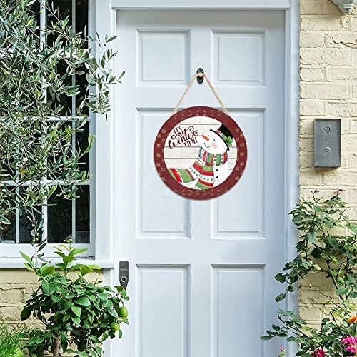 Рустикален круг дрвен знак Плакета е зимско време среќно снежен човек фарма куќа добредојде знак за закачалка за врата, излитена шик стил,