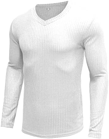 Машки случајни тенок тенок вклопат џемпери со пулвер со врат, цврста боја со долга ракав плетена кошула ребрести врвови