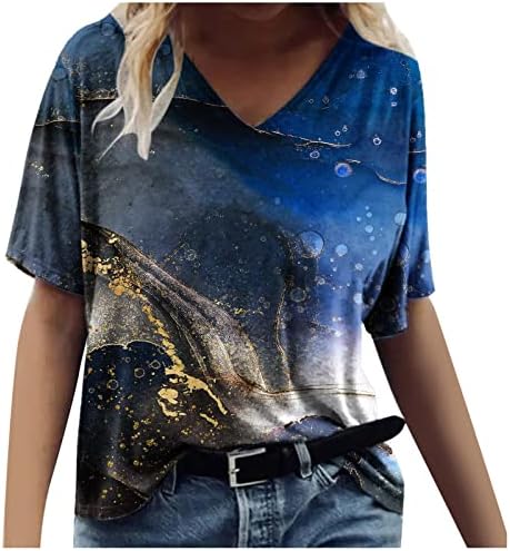 Блуза мета за тинејџерски девојки со краток ракав памучен брод vneck вратот мермер графички бренд лабава вклопна блуза rr