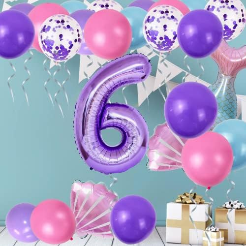 24 ПАРЧИЊА Балони за сирена 6-ти Роденден, Декорација На Забави Со Тема Сирена Број 6, Мали Сирени Шестгодишни Забави, Под Балони Од Морска Фолија