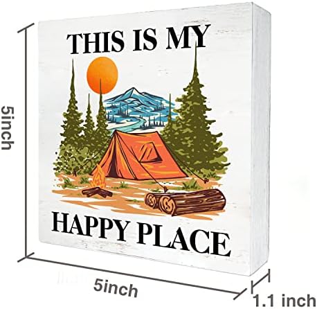 Кампување на моето среќно место дрво кутија знак дома декор рустикален кампер кампер дрвен кутија знак блок плакета за wallидни таблети