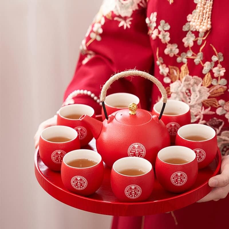 ZLXDP керамички чај сад постави сад за домаќинство чај и чаша сет кинески стил свадба црвен чај подароци тенџере од осум чаши подароци