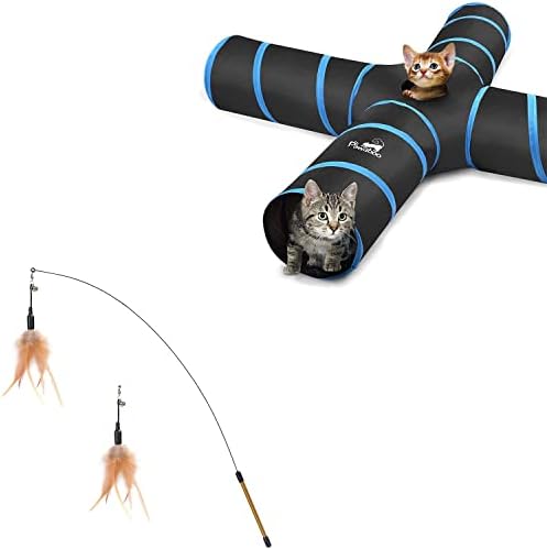 Pawaboo 4 Way Cat Tunnel Tume & Teaser Teaser Cat Toy, интерактивна пердув стапче мачка играчка летачка пердув мачка со екстра долги