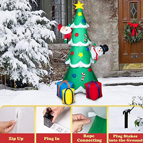 Декориран живот на надувување на новогодишна елка, украси за Божиќни дворови од 7 метри со LED светла, Дедо Мраз, снежен човек и 3 кутии завиткани од подароци, разнесен