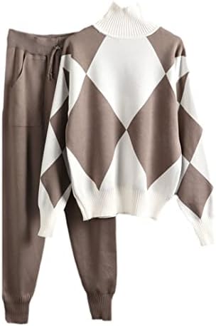 Геометриски плетени 2 парчиња сетови жени џемпери за џемпери есенски желки на влечење врвни + плетени харем панталони костуми