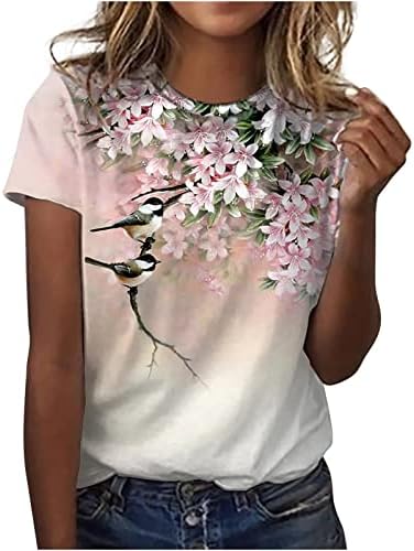 Летни жени маички врвови случајни лабави вклопуваат трендовски симпатични цвеќиња тунични маички кратки ракави маици o-вратови