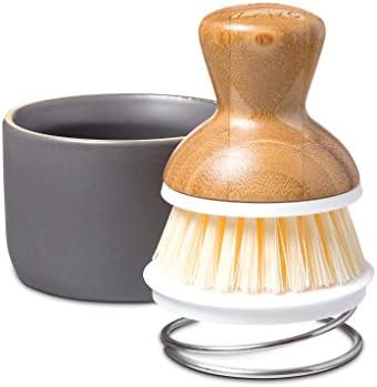 Меур со целосен круг на керамички сапун и четка за бамбус сад, бела/сива и тесна C леано железо четка и стругалка со рачка од