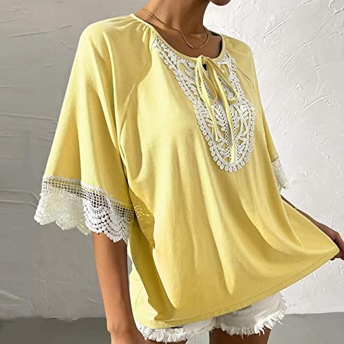 Женска летна рунда кошула за вратот мода лабава удобна раглан врвови чипка зашивање туничен сад за кратки ракави пулвер блуза
