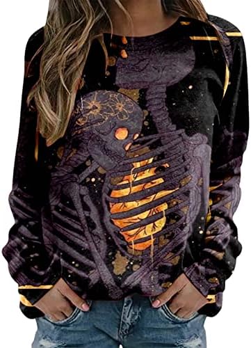Beuu плус големина носии за Ноќта на вештерките за жени атлетски маици скелети печати смешни маички врвови со долги ракави графички