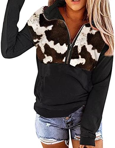 Zdfer Quarter Zip Pullover Women, џемпери за печатење кравјо печатење со долги ракави јакна на врвови со лебава облека за лабава